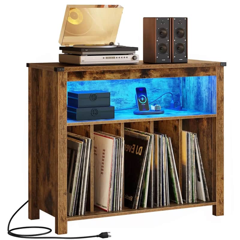 Height-Adjustable Record Player Stand w/ RGB Lights, USB & Power Outlets – Holds 200 Vinyl Albums | Turntable Storage image 1
