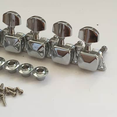 6 Complete Vintage Inline Electric Guitar Mounted Casing Gear Tuners + Bushings image 2