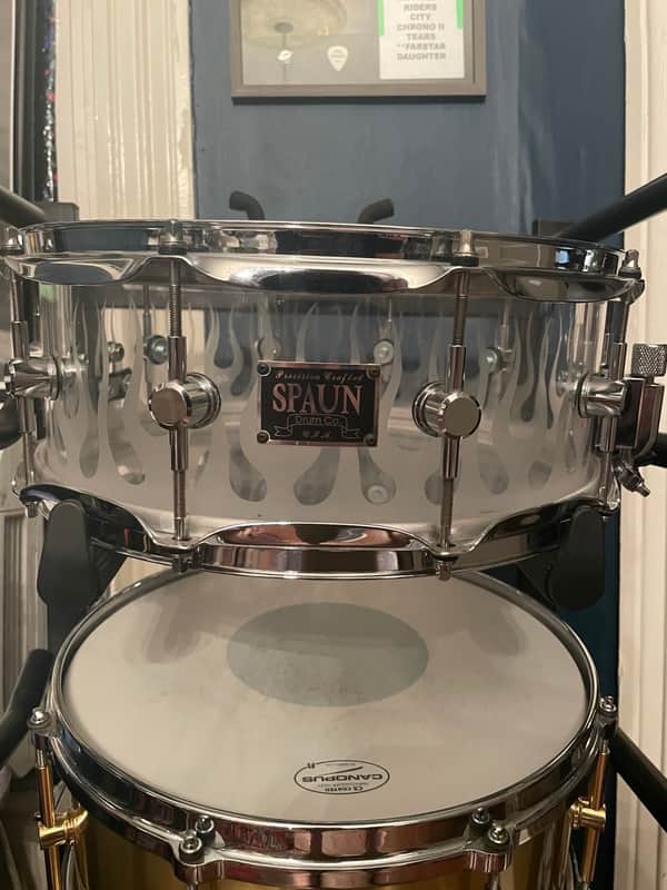 Spaun 5.5x14" Acrylic Snare Drum - 2000's - Clear w/ Sanblasted Flames image 1