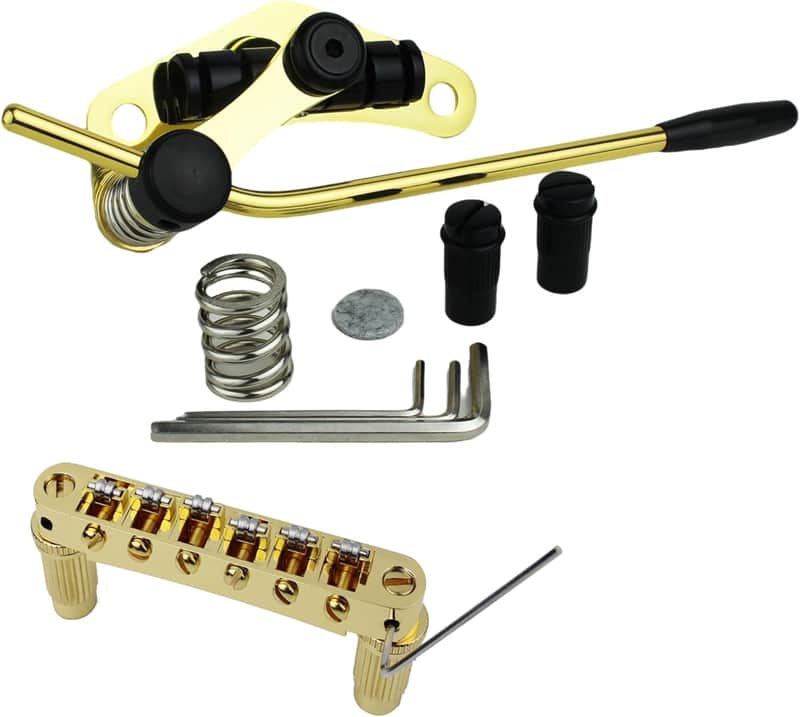 Guitar Bridge Stop Bar Tailpiece Tremolo TM85 and GM005 Tune-O-Matic Roller Saddle Bridge Combo Replacement Part Compatible with Les Paul LP SG 6 String Electric Guitars, Gold+Black image 1