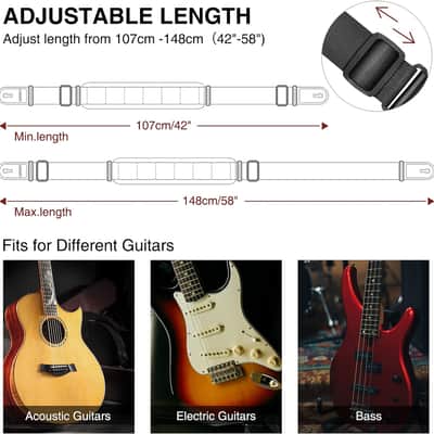 Guitar Strap, Bass Straps for Electric Guitar with 3.3" Wide Sponge Pad for Effective Decompression Padded Bass Guitar Straps Adjustable Length from 42" to 58" with 2 Safety Locks & 6 Picks image 2