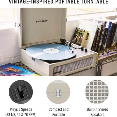 Crosley CR8017B-DU Voyager Vintage Portable Vinyl Record Player Turntable with Bluetooth in/Out and Built-in Speakers - Dune image 2