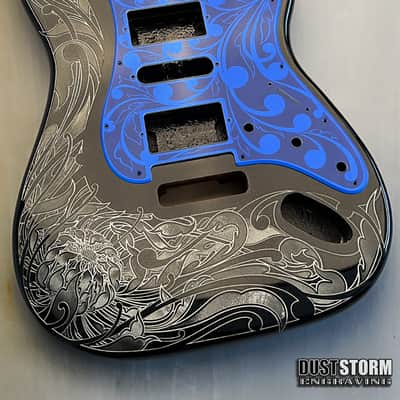 Glossy Black XGP Stratocaster Style Laser Engraved Guitar Body with Royal Blue Acrylic Mirror Pickguard and Tremolo Cover HSH, HSS, SSS Setups Available image 5