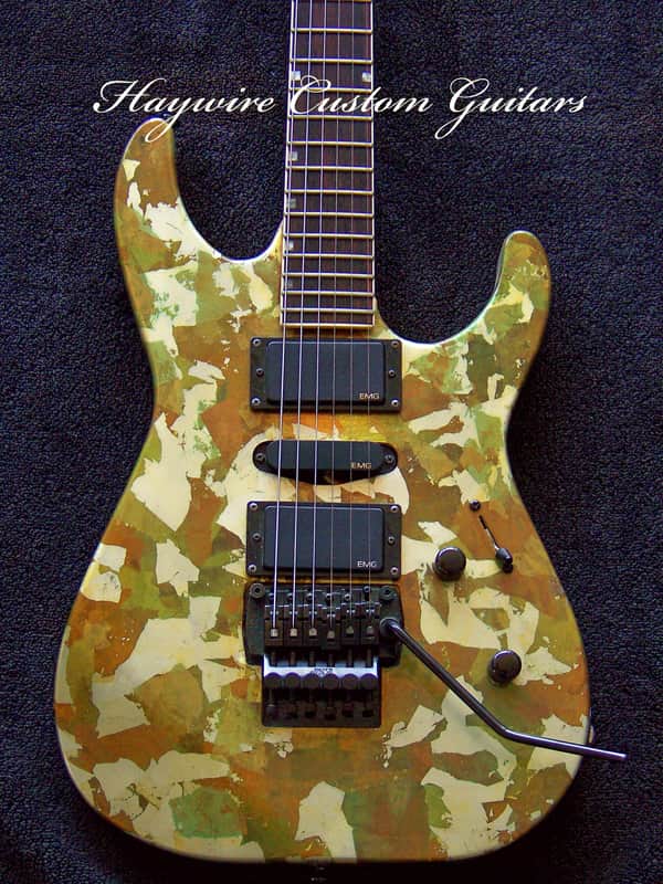 COLLECTORS: VERY RARE "Gold Camo" Original 1989 ESP Mirage Deluxe serial number 91032 Japanese-made "Golden Era" Superstrat Gold Camo" finish with Original ESP Sinclair bridge with Gold Label EMG pickups image 1