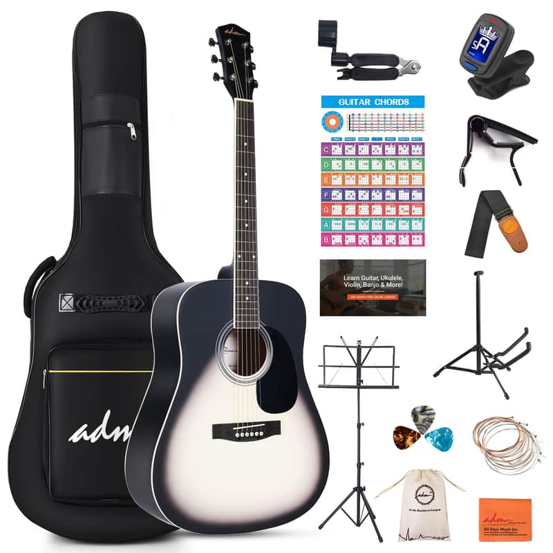 Dreadnought Acoustic Guitar Kit with Free Lesson for Beginner Adult Teen Full Size Acustica Guitarra Starter Bundle Set with Bag Strap Tuner Capo Pickguard Music Stand, Right Hand(Grey, 41 Inch) image 1