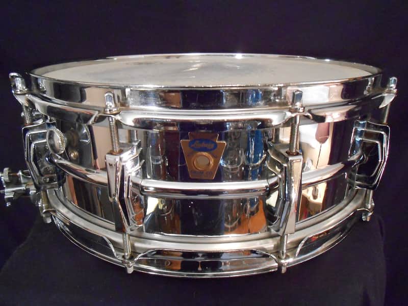 Ludwig No. 410 Super-Sensitive 5x14" Chrome Over Brass Snare Drum with Transition Badge 1958 - 1960 image 2