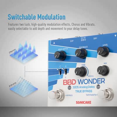 SONICAKE Delay & Modulation Guitar Pedal with Tap Tempo - BBD Wonder QDS-10 | Electric Guitar Bass Effects with 1200ms Delay, Chorus/Vibrato, Support External EXP Pedal, Dry Signal Output, True Bypass image 7