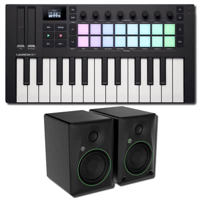 Novation Launchkey Mini 25 MK4 25-Key Mini MIDI Keyboard Controller Production Bundle with Mackie CR5BT 5.25-Inch Bluetooth Powered Studio Monitors
