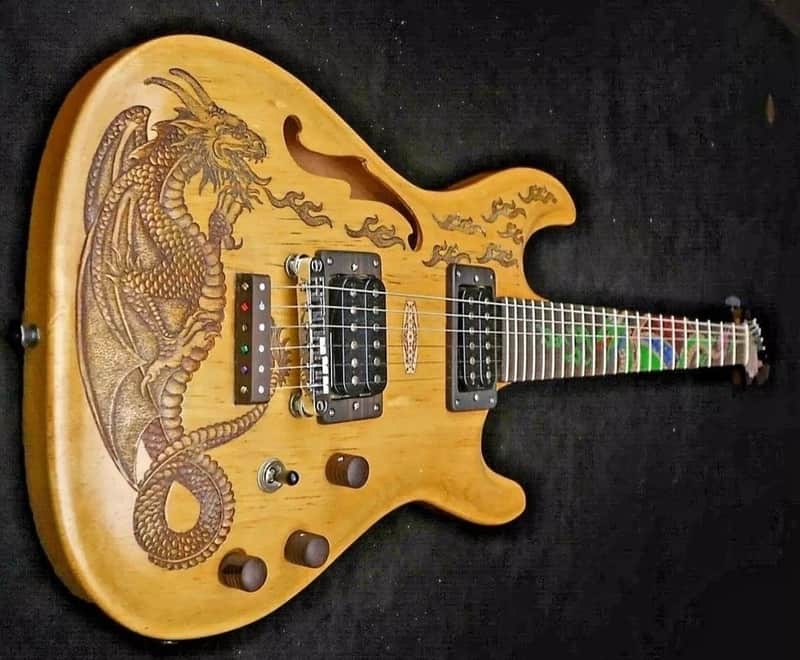 Electric Guitar Handmade by Blueberry, 6 String wood Dragon motif Guitar, Custom Handcrafted Wooden Guitar, Semi Hollow Body Guitar image 1