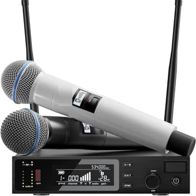 Wireless Two Microphone System with UHF Dual-Channel Receiver, Metal Handheld Dynamic Mics Kit for for Karaoke Singing, Wedding, Party, Church, Speech (White/Black) image 1