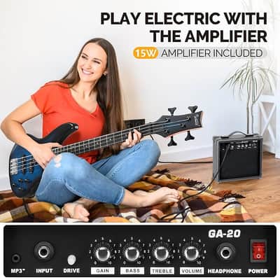Glarry GIB 4 String Full Size Bass Guitar SS pickups w/ 20W Amplifier - Blue image 10
