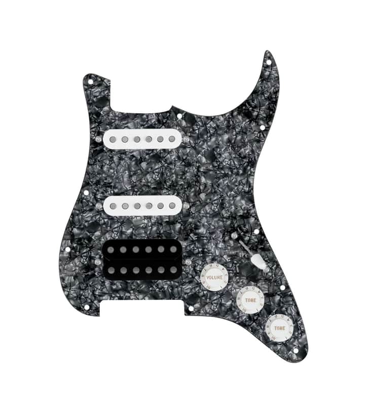 920D Custom HSS Loaded Pickguard For Strat With An Uncovered Cool Kids Humbucker, White Texas Grit Pickups, Black Knobs, and Black Pearl Pickguard image 1