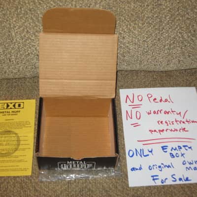 less than light average wear condition Electro Harmonix EMPTY BOX and original Owner's Manual ONLY for EXO Metal Muff with Top Boost pedal (NO pedal, NO warranty / registration paperwork) BOX: Cardboard / BOX Color: Black / GRAPHIC: Black & White, White image 2
