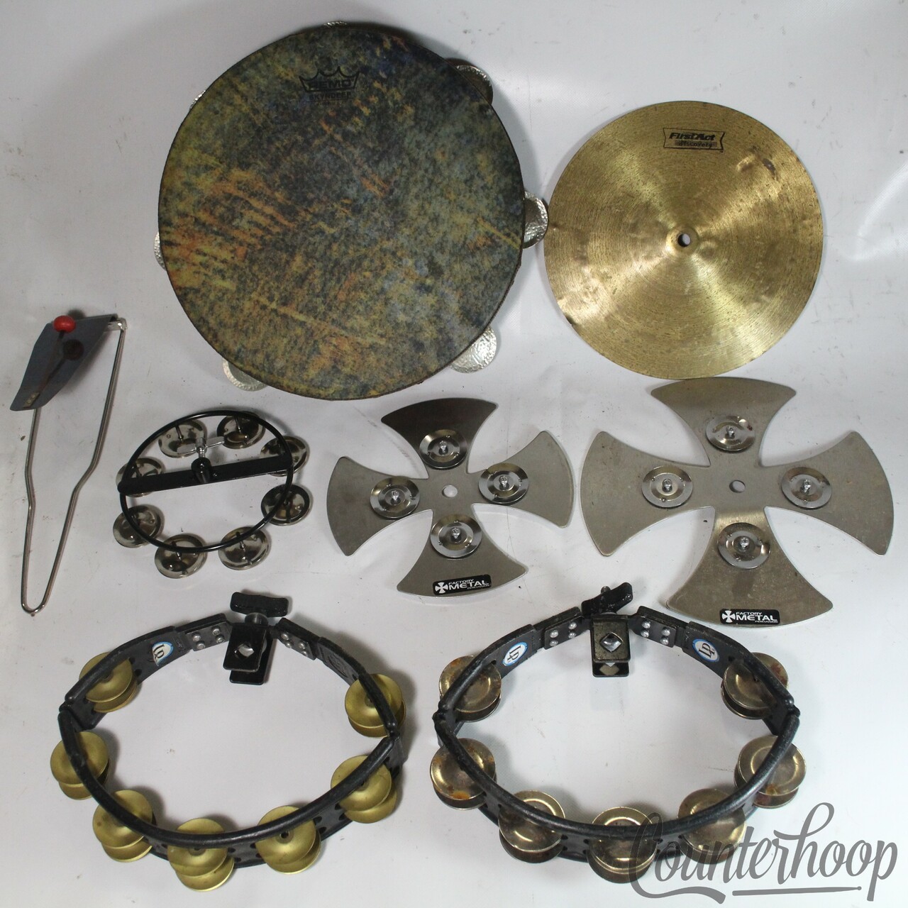 LP Tambourines Hat Trick Remo Skyndeep Factory Metal Percussion Latin Lot+Cymbal — main photograph