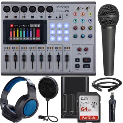Zoom PodTrak P8 Portable Multitrack Podcast Recorder + Behringer XM8500 Vocal Microphone + Samson SR350 Over-Ear Stereo Headphones + Microphone Pop Filter + 64GB Memory Card + 8mm XLR Microphone Cable + TableTop Tripod + Rechargeable Battery & Charger image 1