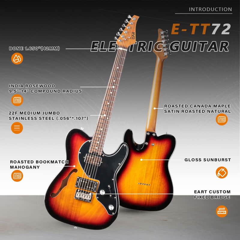 Eart Guitars, E-TT72 Semi Hollow Body Electric Guitars Humbucker Pickups Fixed Bridge LP3, Sunburst image 1