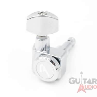 Genuine Fender CHROME LOCKING Tuners 6-InLine 2-pin Strat/Tele F Logo Machines image 11