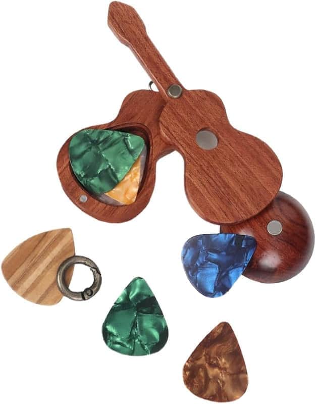 CustomGuitarPlectrumwithBox HomeWoodenDecorativeOrnamentGuitarMusicGiftCarMiniPendantGuitarAccessories Musician'sGuitarPlectrumGiftChristmasUniqueGift (Wood color (flower pear tree)) image 1