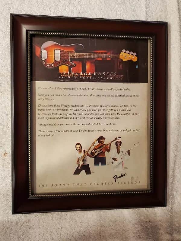 1982 Fender Guitars Color Promotional Ad Framed 62 Reissue Precision Bass Original image 1
