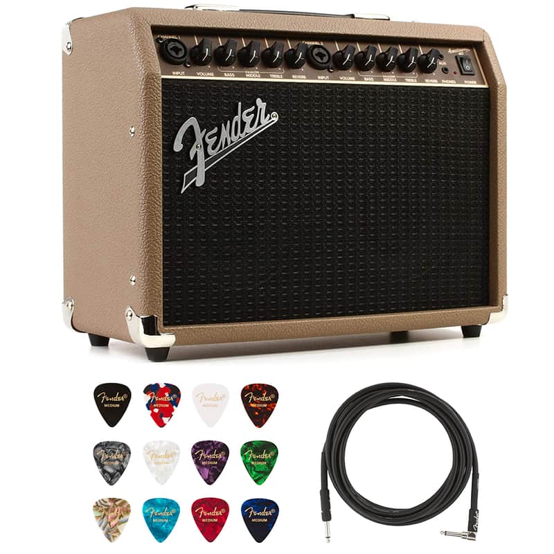 Fender Acoustasonic 40 Guitar Amplifier Bundle with Fender Classic Celluloid Guitar Picks (12-Pack) and 10ft Pro Series Instrument Cable STR/ANG image 1