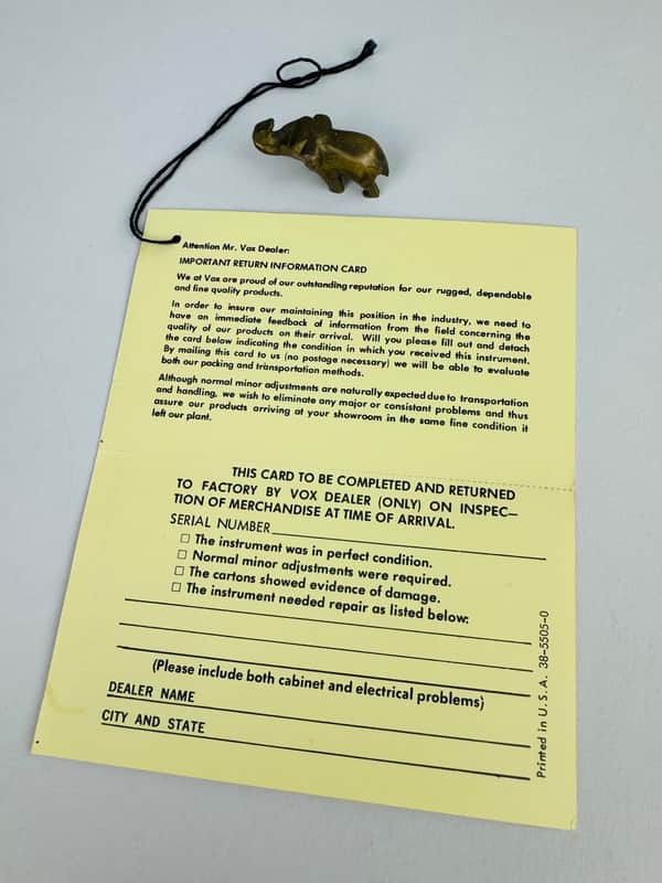 Vox Warranty Return Card (Late 1960s–Early 1970s) - Yellow image 1