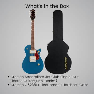 Gretsch Streamliner Jet Club Single-Cut Electric Guitar with Wraparound and Laurel Fingerboard (Dark Denim) Bundle with Gretsch G6238FT Electromatic Solid Body Flat Top Hardshell Case (Black) image 5