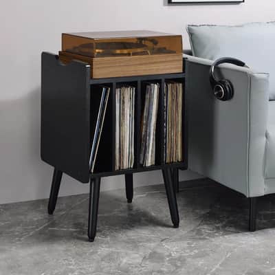 Vinyl Record Player Stand – Turntable Table with 4 Storage Cubbies for Up to 80 Albums (Black) image 2