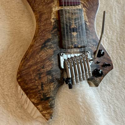 96 art Multiscale Headless 7 string Solidbody Guitar with Sophia Tremolo, Buckeye Burl, Ash, Purpleheart image 5