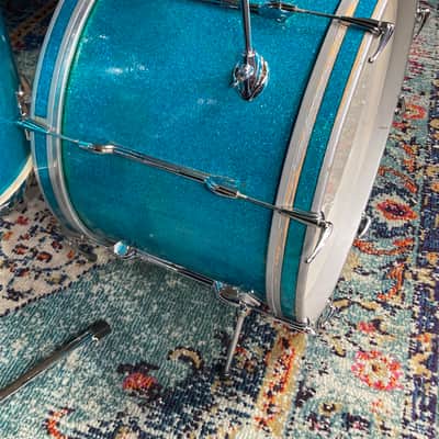 Premier 4-Piece Drum Set, 22", 16", 12" and 14x5.5" Matching Snare Drum, Hardware and Cases, All Original!! 1966 - Aquamarine Sparkle image 7