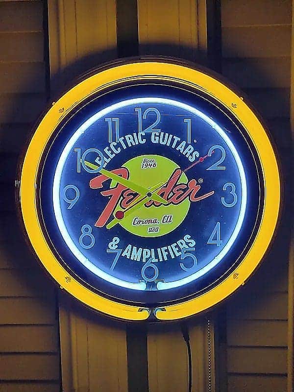 Fender Musical Instruments Double Neon Yellow/White Wall Clock Killer Cool Man Cave, Bar, Garage Item image 1