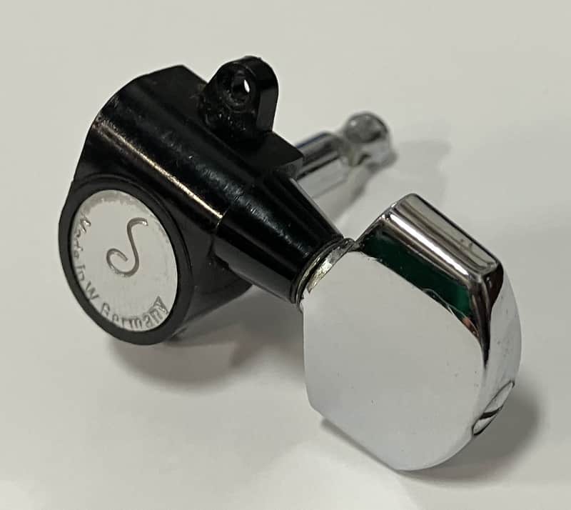 Schaller- Chrome/black plastic tuner, bass side, Vintage image 1