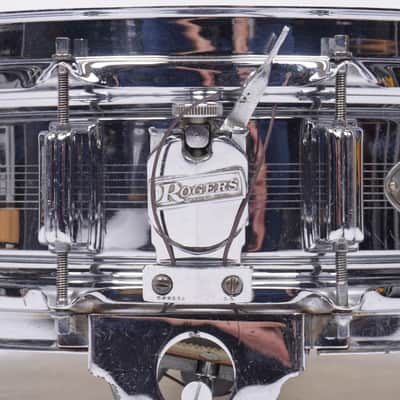ROGERS DYNASONIC CHROME OVER BRASS SNARE DRUM (MADE IN ENGLAND)-14" x 5" image 13