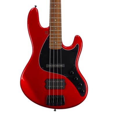 Sandberg California II / TM / Blacklabel PUs / 4-String 34″ / Highgloss Metallic Red / Alder Body / Pau Ferro FB / Varied Dot Inlays / Black Head Stock / Black Hardware / Active 2-EQ / Split Switch / Black Pickguard - 8.3 pounds SN 50005 image 3