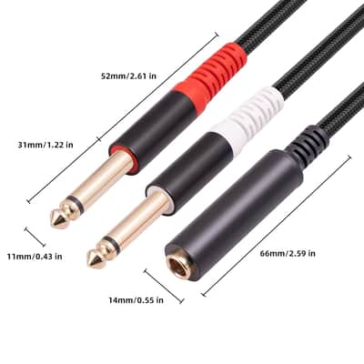 1/4 TRS Breakout Cable 1 FT, Splitter Y Adapter, 6.35mm TRS Female to Dual 6.35mm TS Mono Male Jack Cable for Guitar or Mixer with Jack Output image 2
