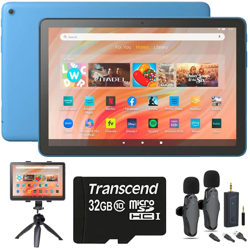 Amazon Fire HD 10 10.1" 32GB Wi-Fi Tablet, 13th Gen, Ocean + Vidpro 2-Person Wireless Lavalier Microphone Set + 32GB MicroSD Transcend Memory Card + Tablet Cradle for Tripods Ipad Tablet Tripod Mount Adapter Fist Most Tablets + 6" Tabletop Tripod & HandGr image 1
