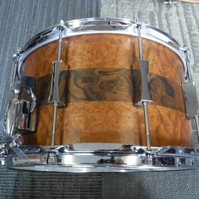 Pork Pie USA Custom 8x14" Maple Snare-Exotic Sapele With Burl Walnut Stripe image 2