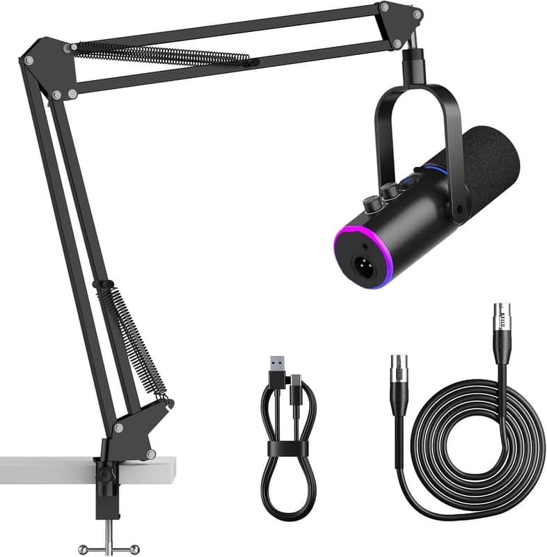 XLR/USB Podcast Microphone, Gaming Mic with Mute Button, Reverb Effects, Noise Cancellation, Boom Arm Stand, Headphones Jack, Dynamic Microphone for Streaming/Recording/Gaming/Vocal-Black image 1