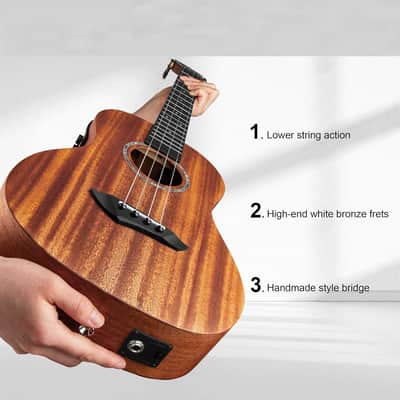 Baritone Electric Ukulele All Solid Mahogany Wood 30'' Professional Wood Ukelele Instrument Kit Small Hawaiian Guitar Beginner ukalalee Starter Pack Bundle Gig bag, Strap, String Set image 3