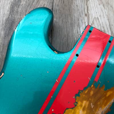 FRANCHIN Jupiter bass body Relic Aged Sherwood Green Metallic over 3-Color Sunburst with Ferrari Red racing Stripe 100% Nitro Lacquer Cracks Alder Precision-Style Made in Italy - Stock piece #23200726 image 15
