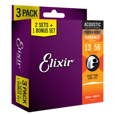 Elixir Limited Edition 3-Pack 16102 Phosphor Bronze NANOWEB Acoustic Guitar Strings Medium 13-56 image 4