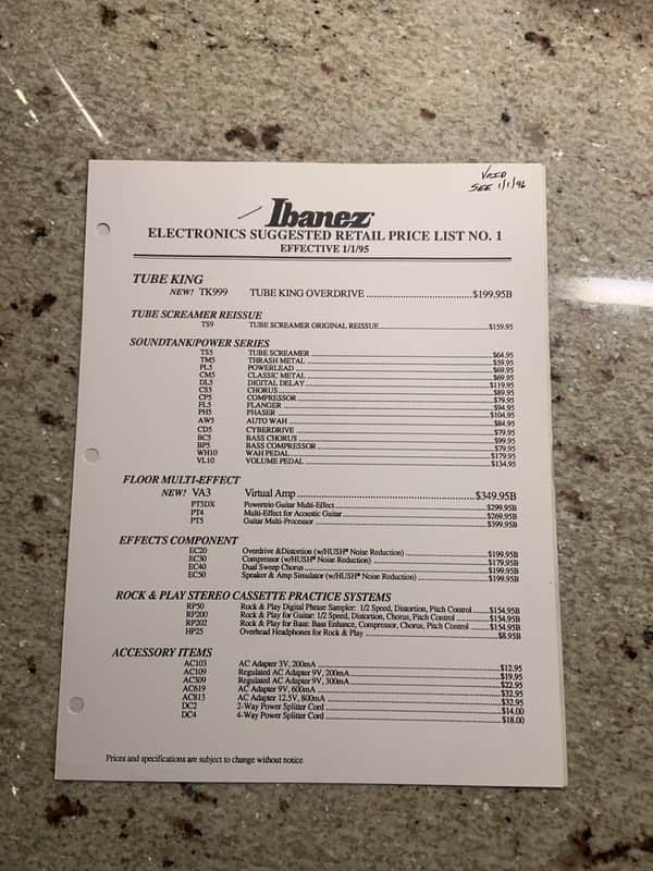 Vintage 1995 Ibanez Electronics Suggested Retail Price List! image 1