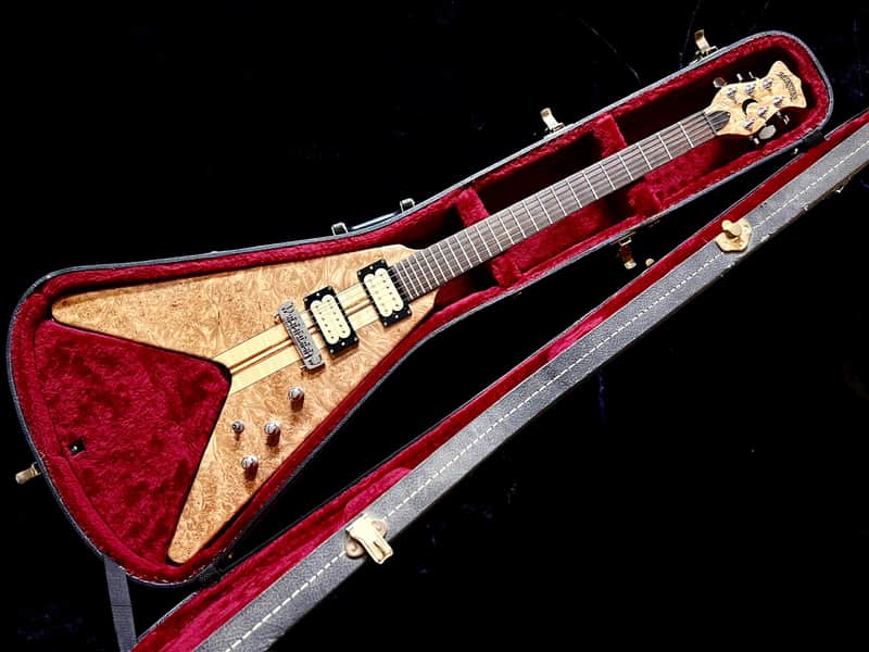 Moonstone FLAMING V flying v 1984 - Natural Paduak & maple burl image 1