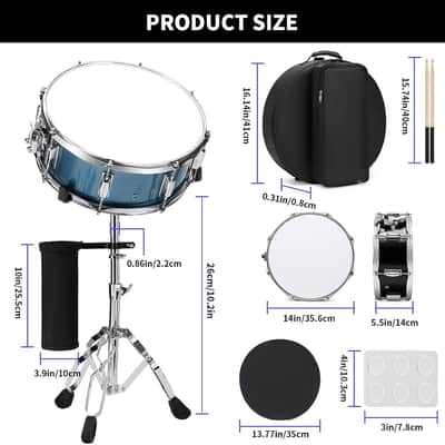 Snare Drum Set, 14" x 5.5" Marching Snare Drum with Stand & Bag | Silent Mute Pad + Drums Sticks + Drumstick Holder + Drums Key + Damper Gels for Adults (Blue) image 2