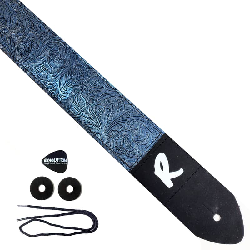 Blue Metallic Vegan Leather Guitar Strap-Blue Tooled Faux Leather Guitar Strap-Genuine Leather Ends -Fits Acoustic, Electric or Bass Guitars image 1