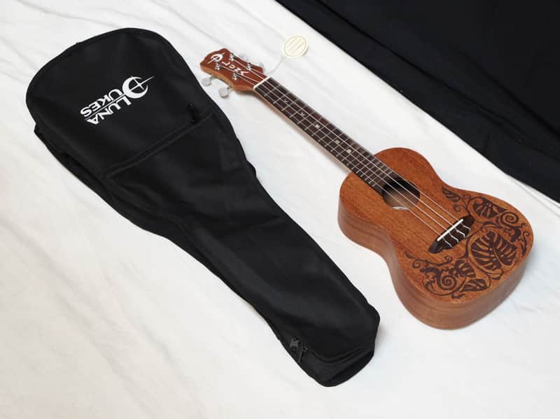 LUNA Left-Handed Mo'o Mahogany Concert UKULELE NEW w/ Gig Bag UKE - laser etch Lizard Leaf LEFTY image 1