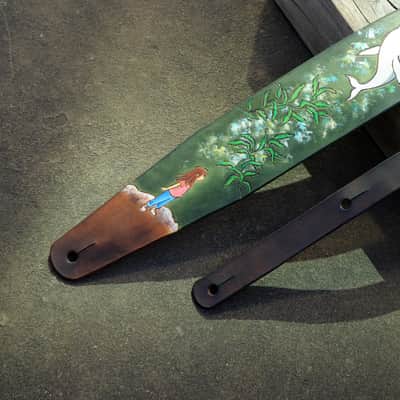 Burny Black Wide Guitar Strap 3.5" - dreaming girl green/brown made to order - oil image 2