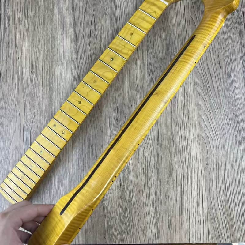Vintage Yellow Guitar Tele Style Tiger Maple Wood Neck, 22 Frets Fingerboard image 1
