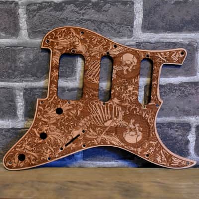 Wood Pickguard for Stratocaster HSS and SSS Laser engraved Real Cherrywood with Unique Artwork "Stumble" image 1