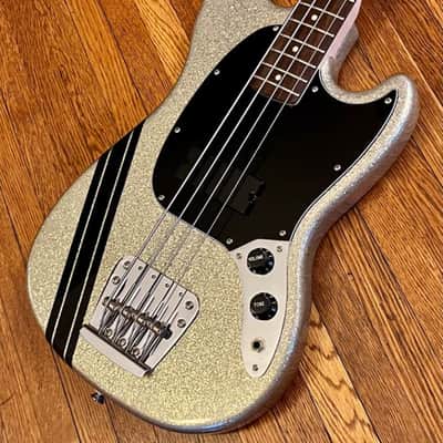 2015 Squier by Fender Mikey Way Signature Mustang Bass - Large Flake Silver Sparkle image 1