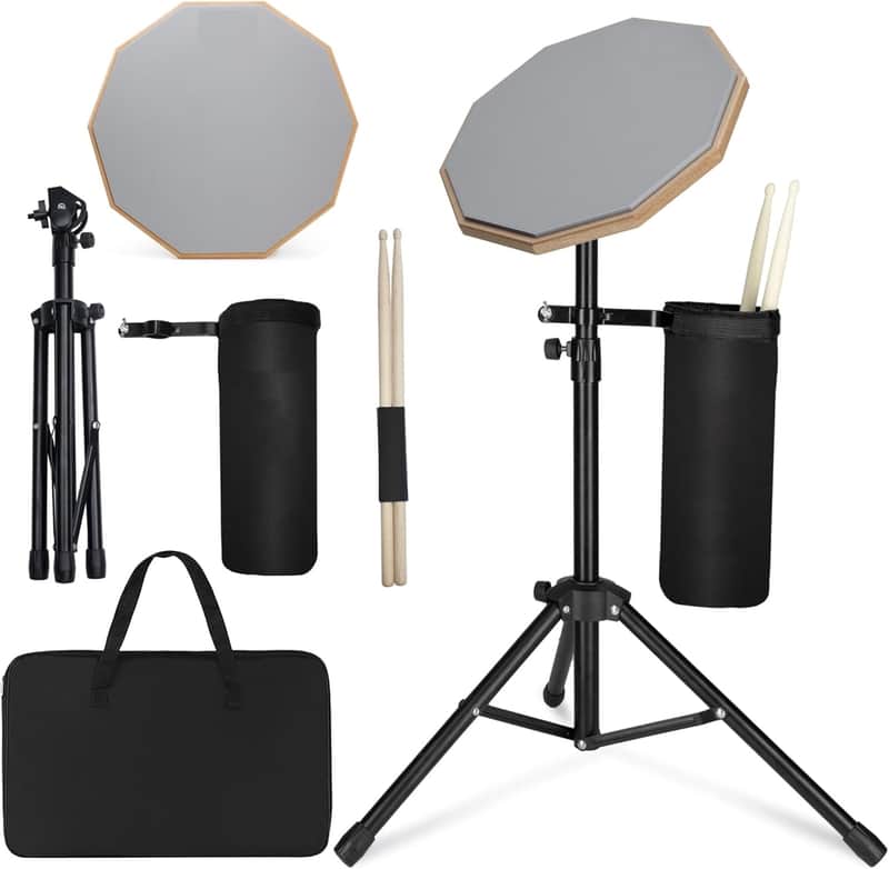 12 Inch Practice Drum Pad with Stand, Sticks and Drum Stick Bucket, Beginner Snare Drum Pad with Drumsticks(one pair) and Carrying Bag, Double Sided Silent Drum Pad (Gray) image 1
